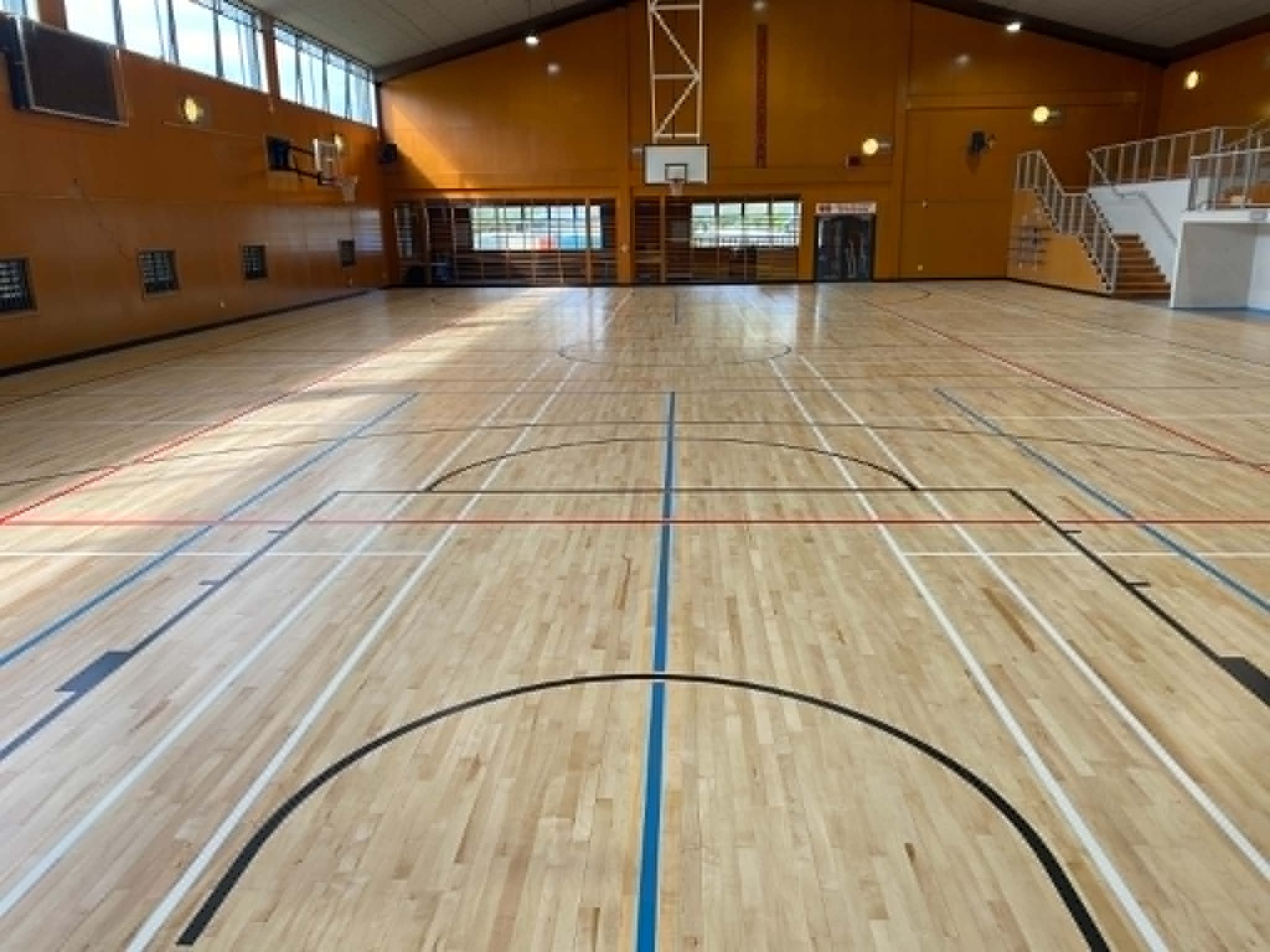 Well-maintained maple sprung timber court at Gisborne Boys High School, with blue, red and black line marking and a clean polyurethane finish